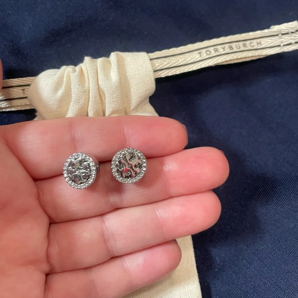 Tory Burch Silver Crystal Logo Stud Earrings